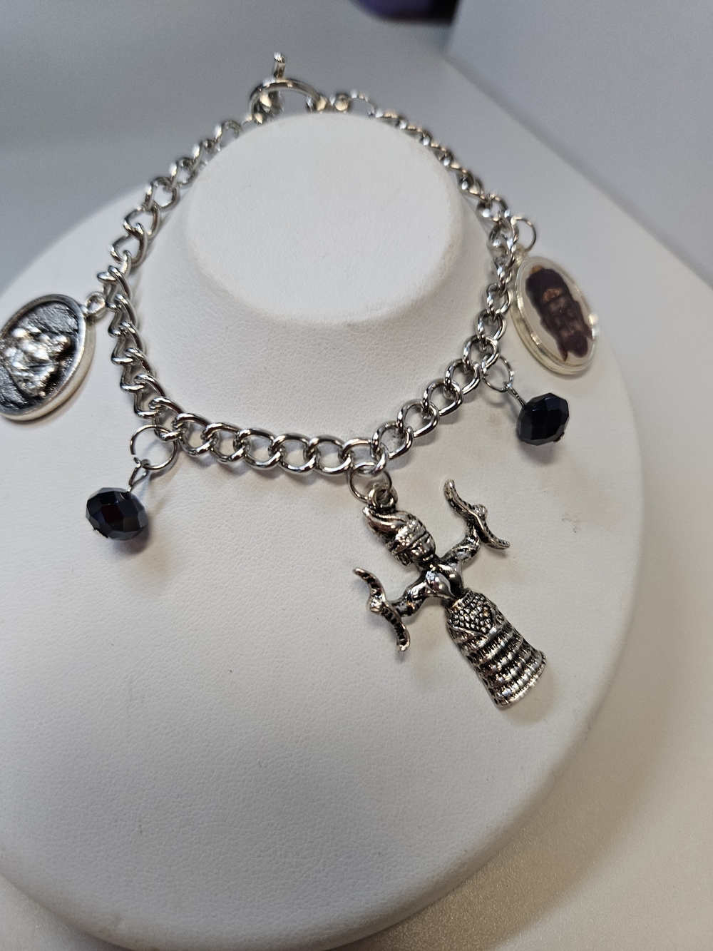Silver-Tone Black Bead Charm Bracelet with Cross Pendant - Women Jewelry